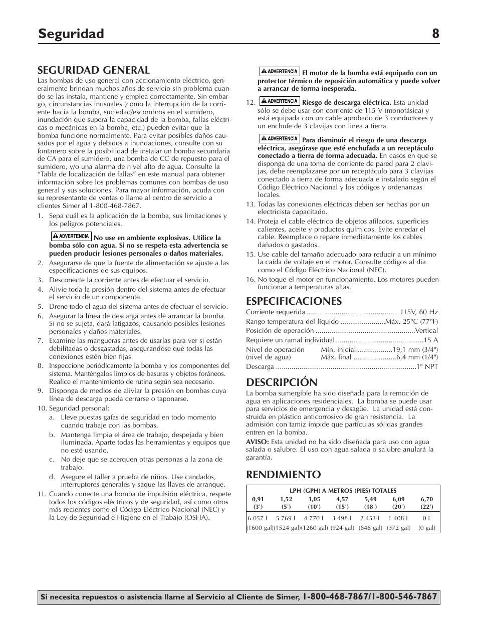 Seguridad 8, Seguridad general, Especificaciones | Descripción, Rendimiento | Simer Pumps SMART GEYSER 2330-03 User Manual | Page 8 / 12