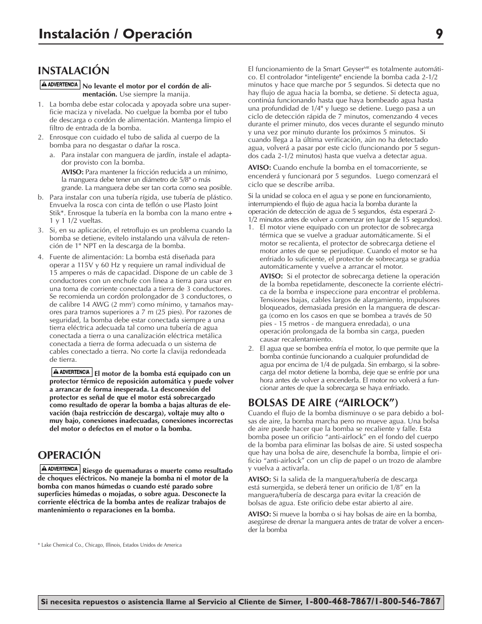 Instalación / operación 9, Instalación, Operación | Bolsas de aire (“airlock”) | Simer Pumps SMART GEYSER 2330-03 User Manual | Page 9 / 12