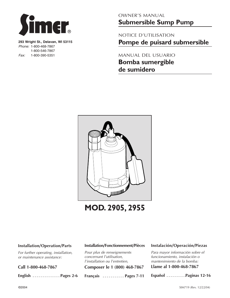 Simer Pumps 2905 User Manual | 16 pages
