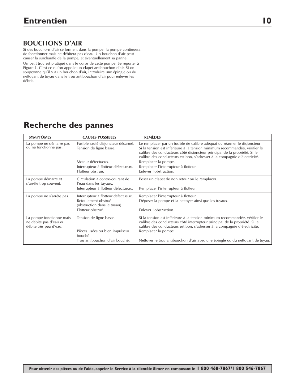 Entrentien 10, Recherche des pannes, Bouchons d’air | Simer Pumps 2905 User Manual | Page 10 / 16