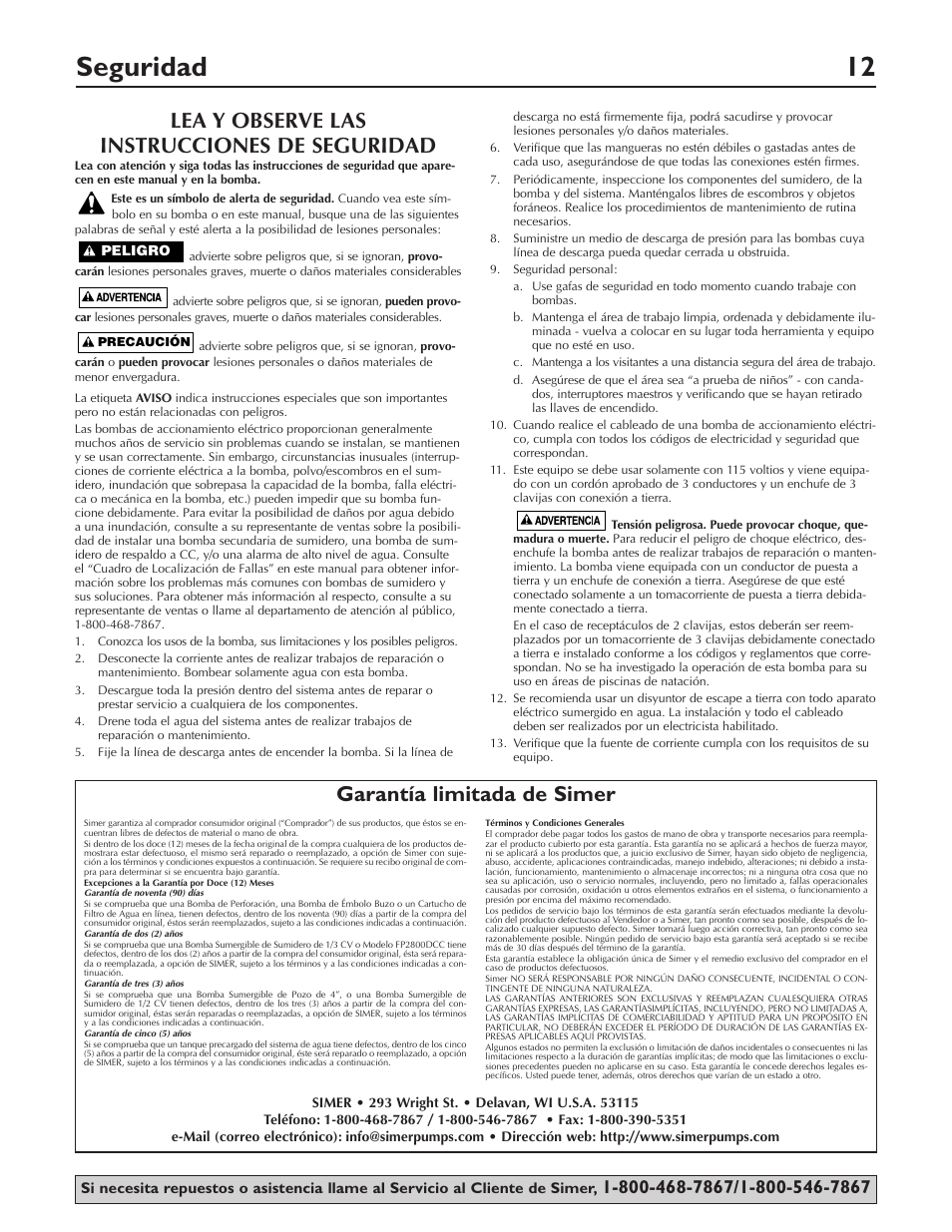 Seguridad 12, Lea y observe las instrucciones de seguridad, Garantía limitada de simer | Simer Pumps 2905 User Manual | Page 12 / 16