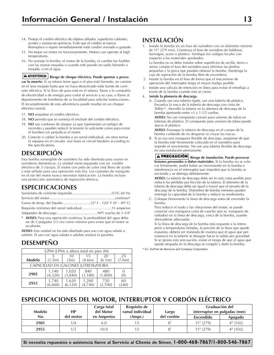 Información general / instalación 13, Descripción, Especificaciones | Desempeño instalación | Simer Pumps 2905 User Manual | Page 13 / 16