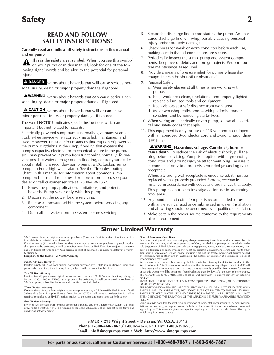 Safety 2, Read and follow safety instructions, Simer limited warranty | Simer Pumps 2905 User Manual | Page 2 / 16