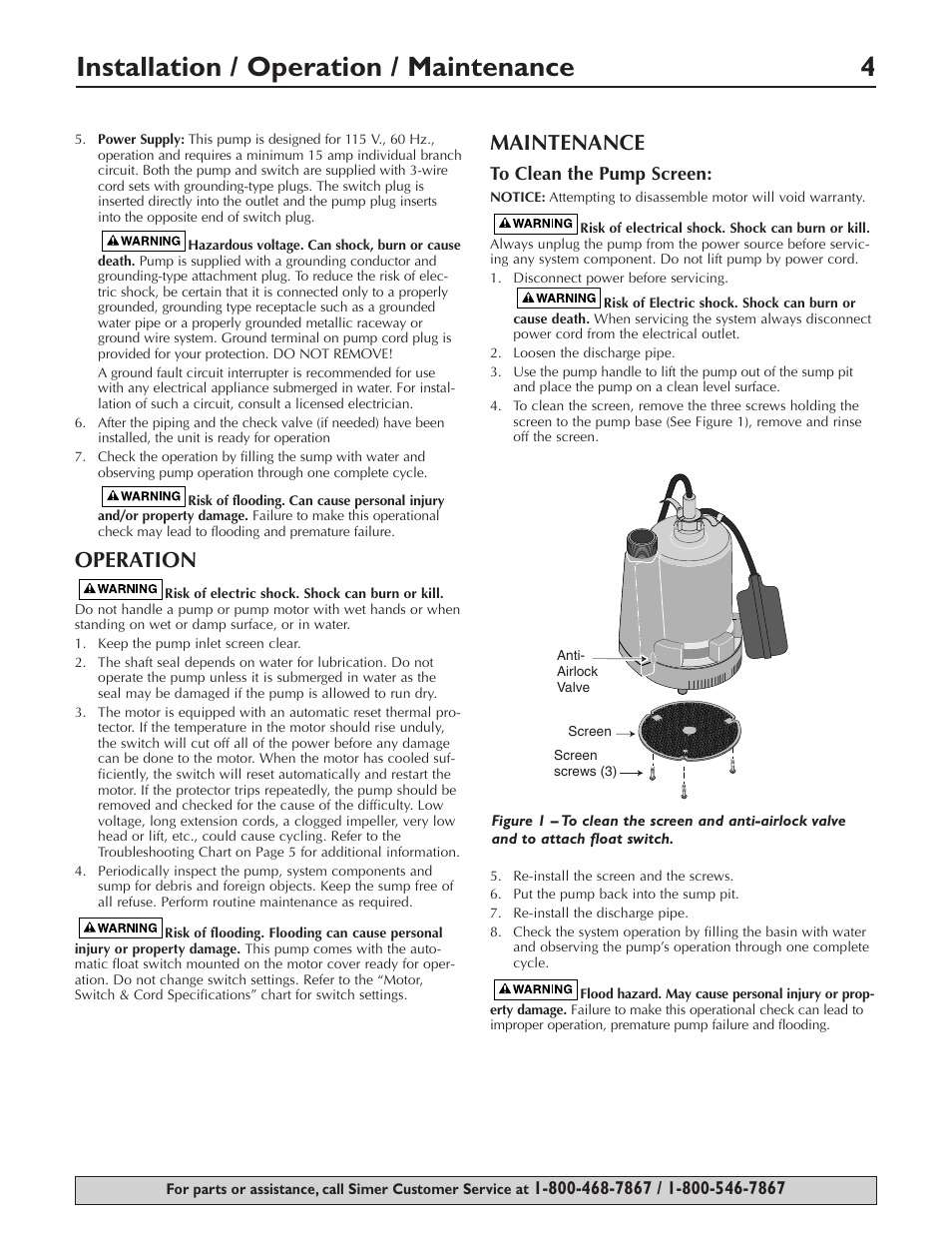 Installation / operation / maintenance 4, Operation, Maintenance | Simer Pumps 2905 User Manual | Page 4 / 16