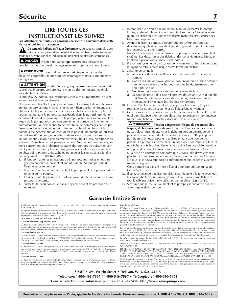 Sécurite 7, Lire toutes ces instructionset les suivre, Garantie limitée simer | Simer Pumps 2905 User Manual | Page 7 / 16