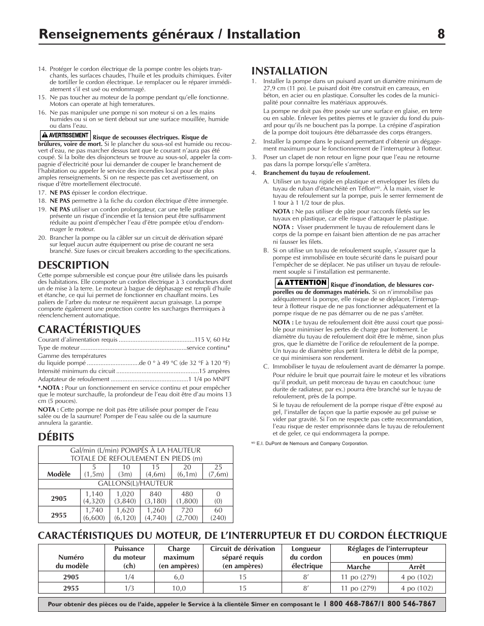 Renseignements généraux / installation 8, Description, Caractéristiques | Débits installation | Simer Pumps 2905 User Manual | Page 8 / 16