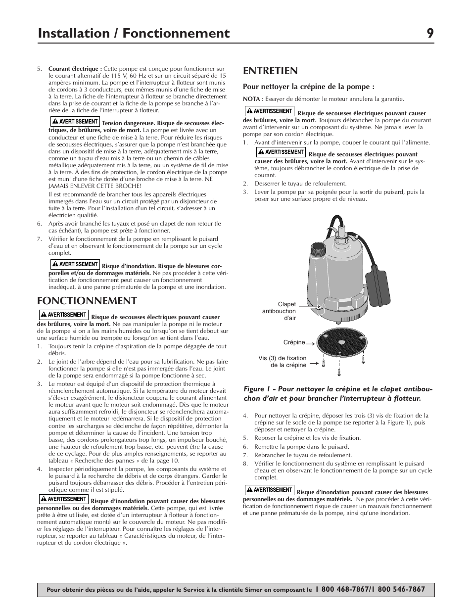 Installation / fonctionnement 9, Fonctionnement, Entretien | Simer Pumps 2905 User Manual | Page 9 / 16