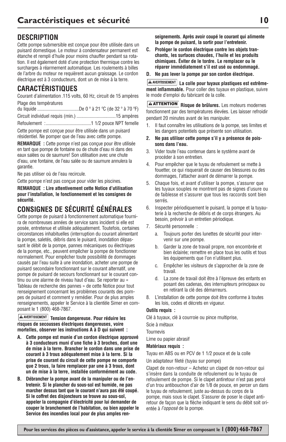 Caractéristiques et sécurité 10, Description, Caractéristiques | Consignes de sécurité générales | Simer Pumps SIMER 3985 User Manual | Page 10 / 28