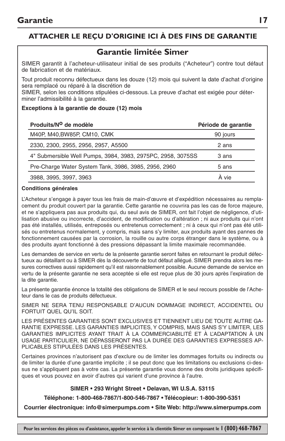 Garantie 17 garantie limitée simer | Simer Pumps SIMER 3985 User Manual | Page 17 / 28
