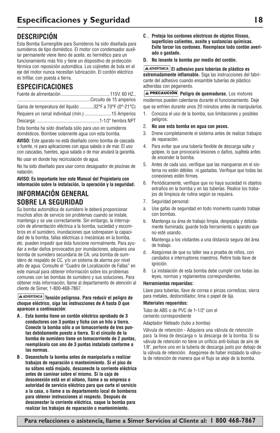 Especificaciones y seguridad 18, Descripción, Especificaciones | Información general sobre la seguridad | Simer Pumps SIMER 3985 User Manual | Page 18 / 28