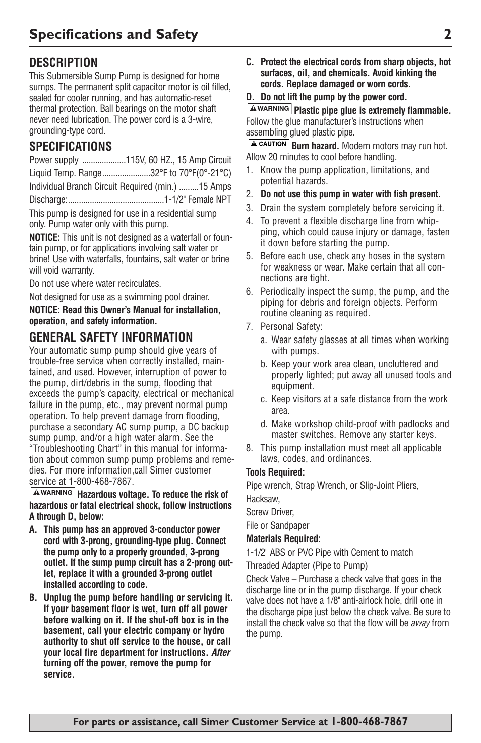 Specifications and safety 2, Description, Specifications | General safety information | Simer Pumps SIMER 3985 User Manual | Page 2 / 28