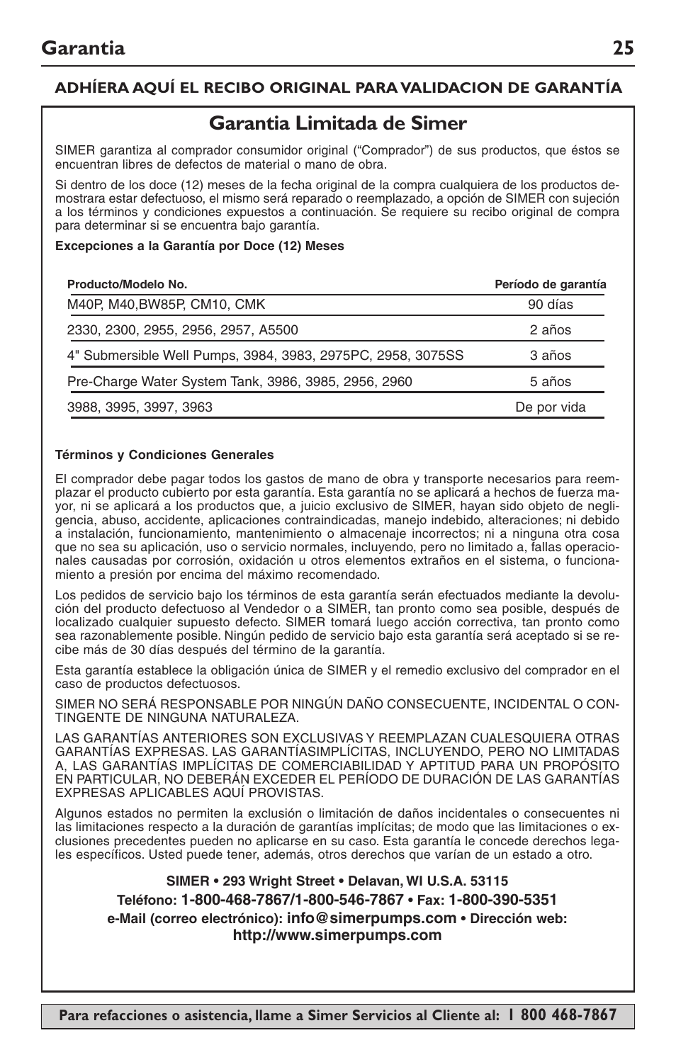 Garantia 25, Garantia limitada de simer | Simer Pumps SIMER 3985 User Manual | Page 25 / 28