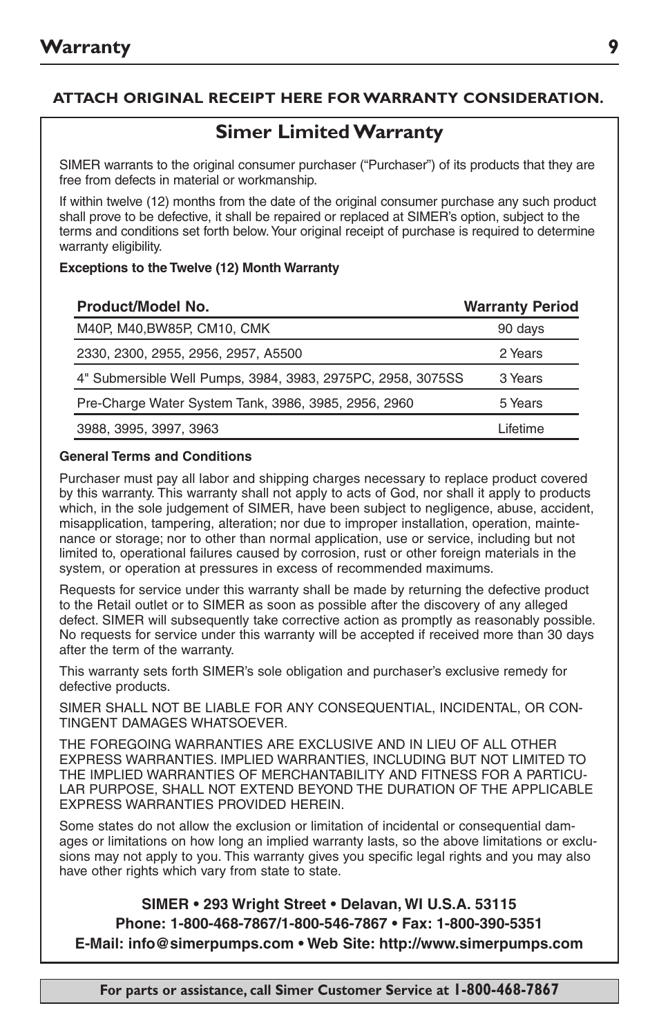 Warranty 9, Simer limited warranty | Simer Pumps SIMER 3985 User Manual | Page 9 / 28