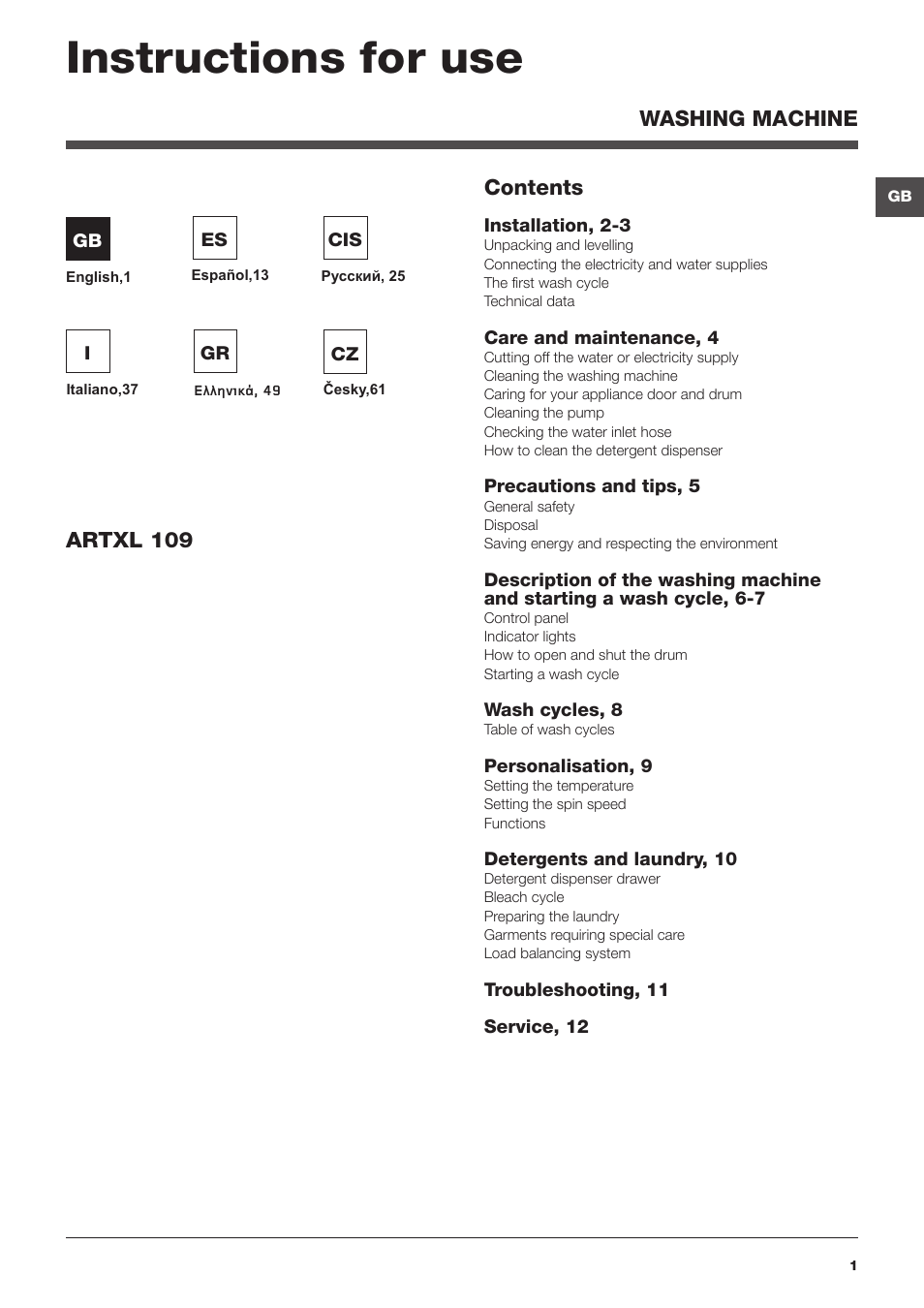 Hotpoint Ariston ARTXL 109 User Manual | 72 pages