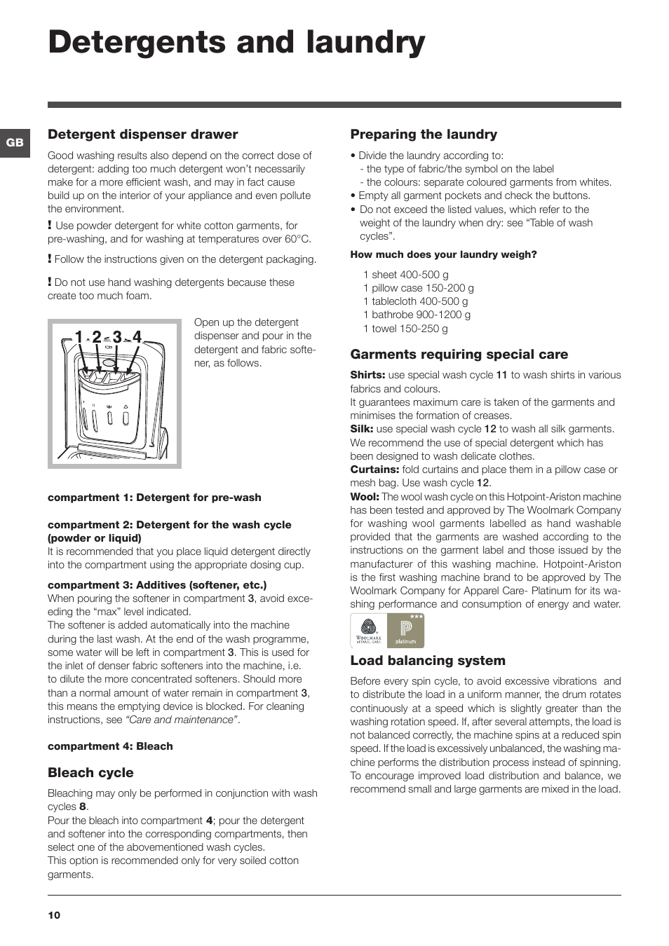 Detergents and laundry | Hotpoint Ariston ARTXL 109 User Manual | Page 10 / 72