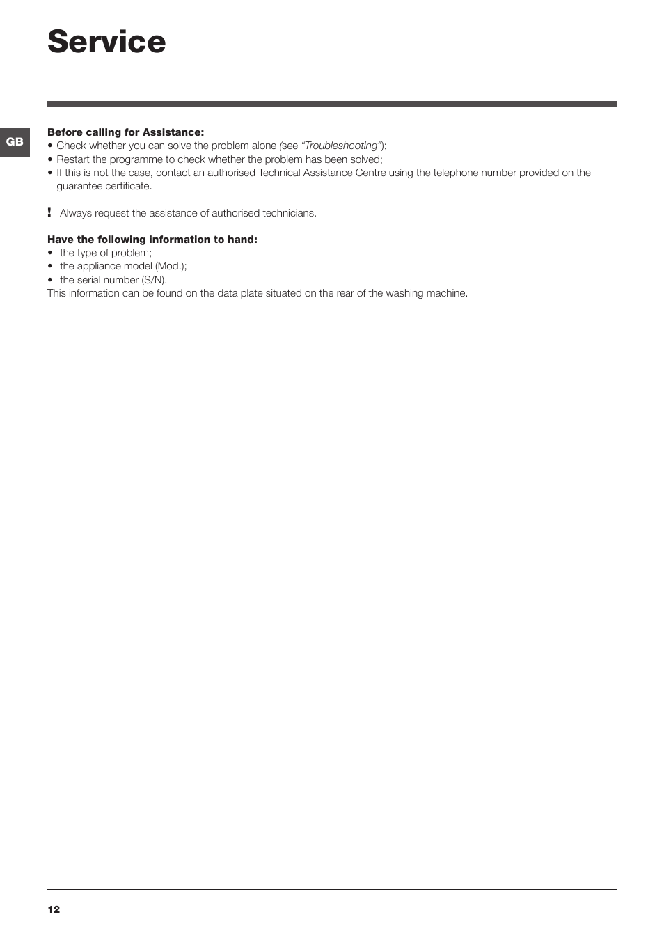 Service | Hotpoint Ariston ARTXL 109 User Manual | Page 12 / 72