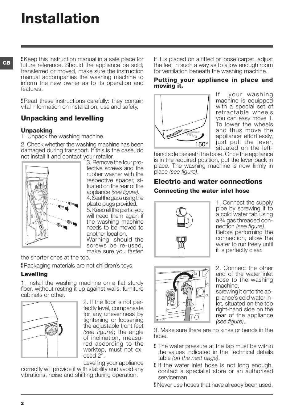 Installation | Hotpoint Ariston ARTXL 109 User Manual | Page 2 / 72