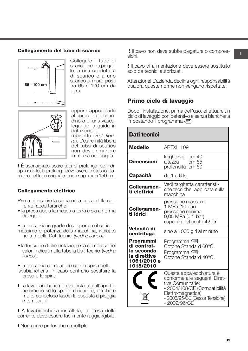 Hotpoint Ariston ARTXL 109 User Manual | Page 39 / 72