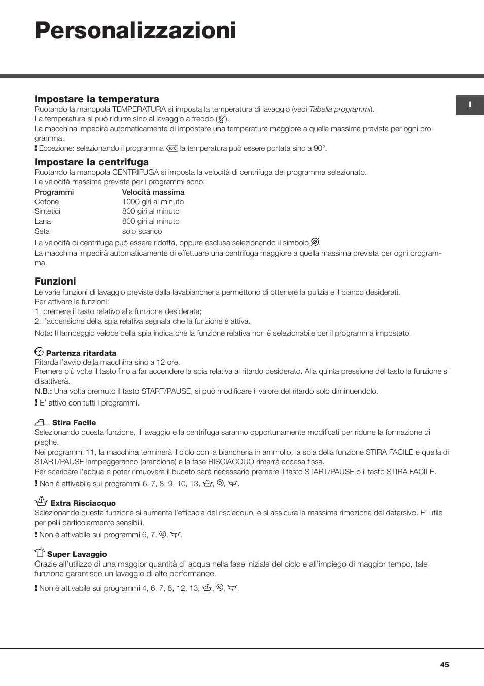 Personalizzazioni | Hotpoint Ariston ARTXL 109 User Manual | Page 45 / 72