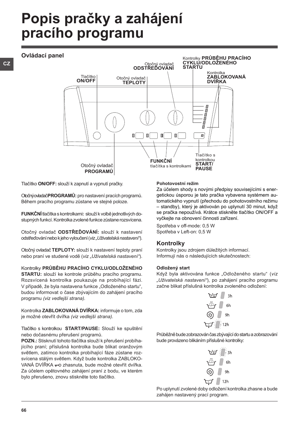 Popis pračky a zahájení pracího programu, Kontrolky, Ovládací panel | Hotpoint Ariston ARTXL 109 User Manual | Page 66 / 72