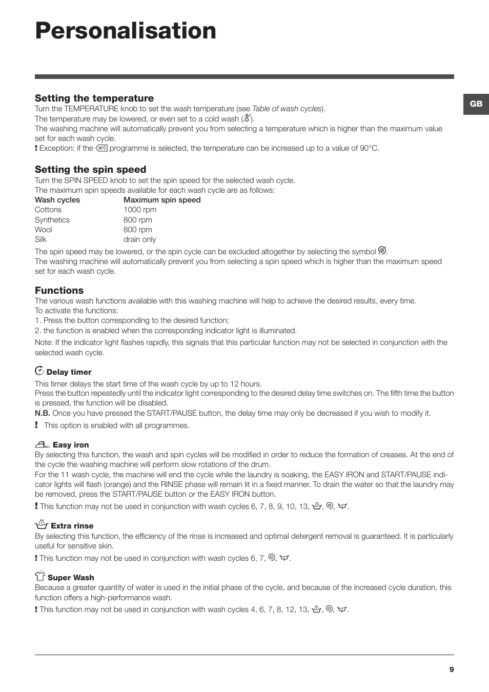 Personalisation | Hotpoint Ariston ARTXL 109 User Manual | Page 9 / 72