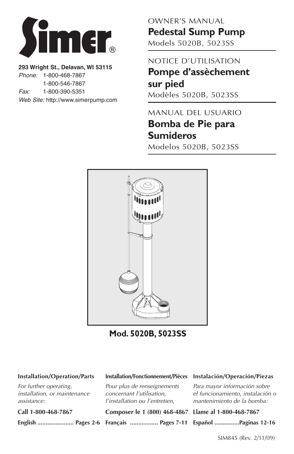 Simer Pumps 5023SS User Manual | 16 pages