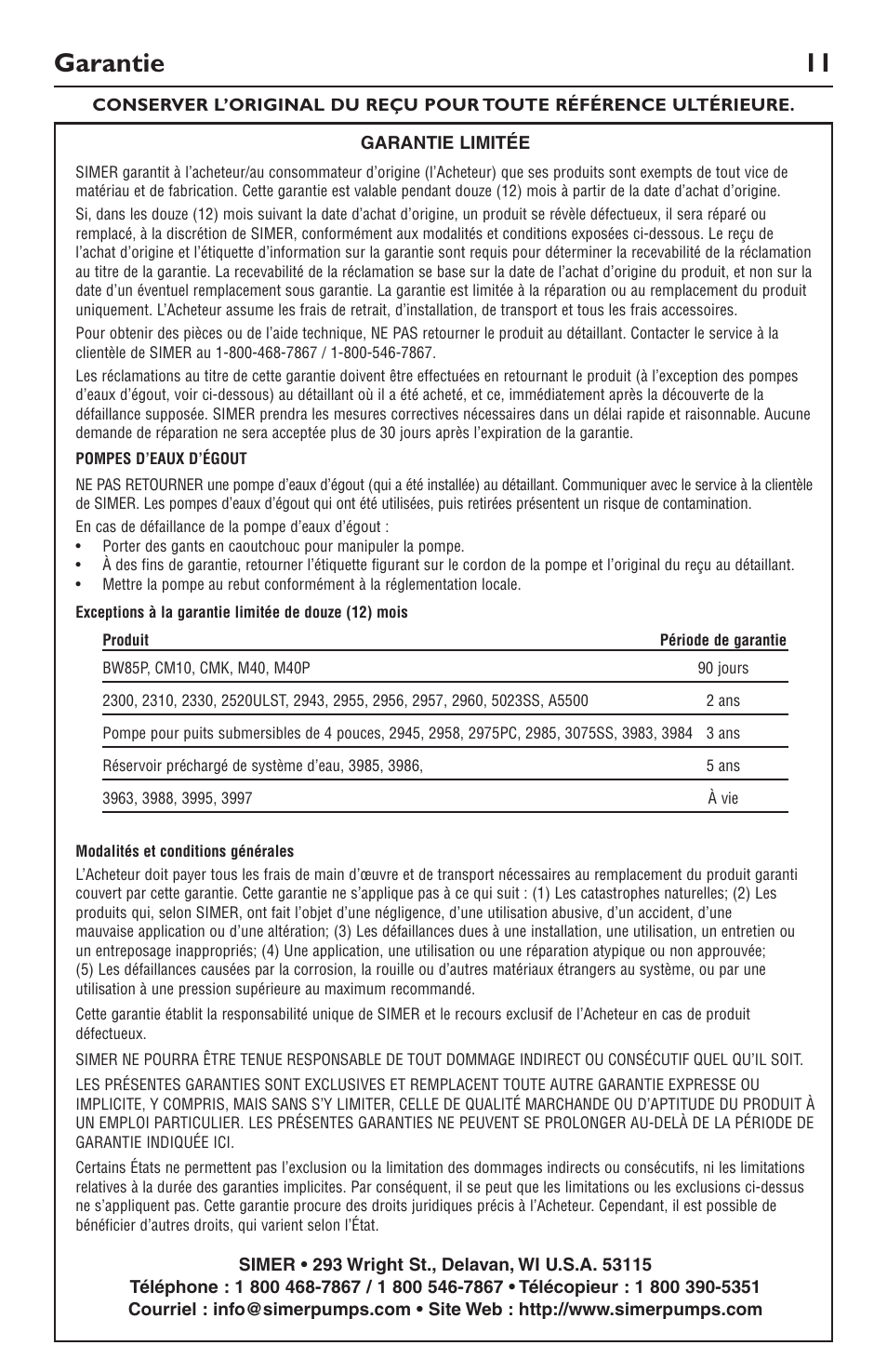 Garantie 11 | Simer Pumps 5023SS User Manual | Page 11 / 16