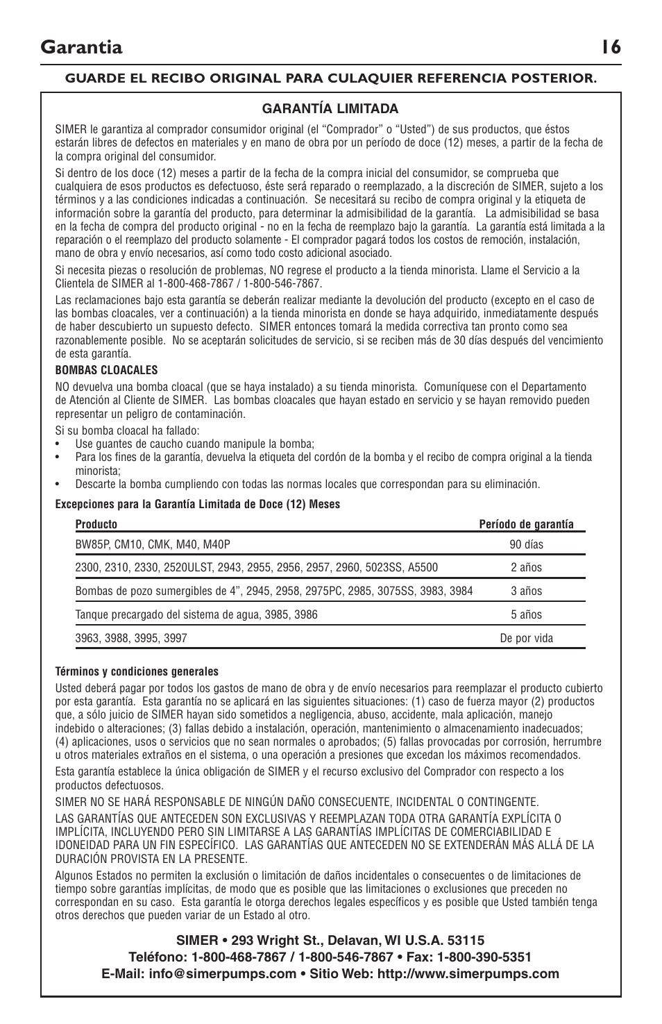 Garantia 16 | Simer Pumps 5023SS User Manual | Page 16 / 16