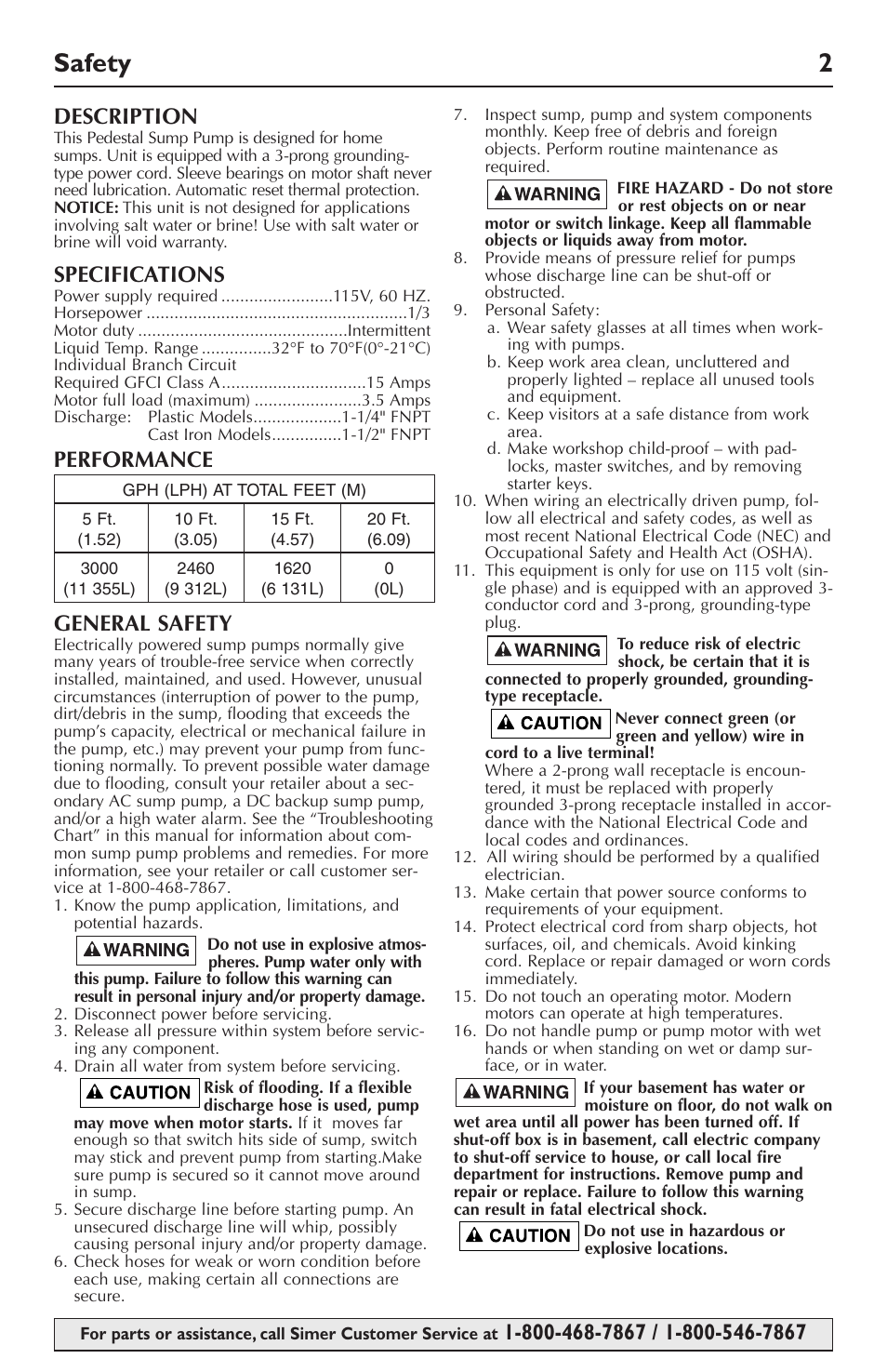 Safety 2, Description, Specifications | Performance general safety | Simer Pumps 5023SS User Manual | Page 2 / 16