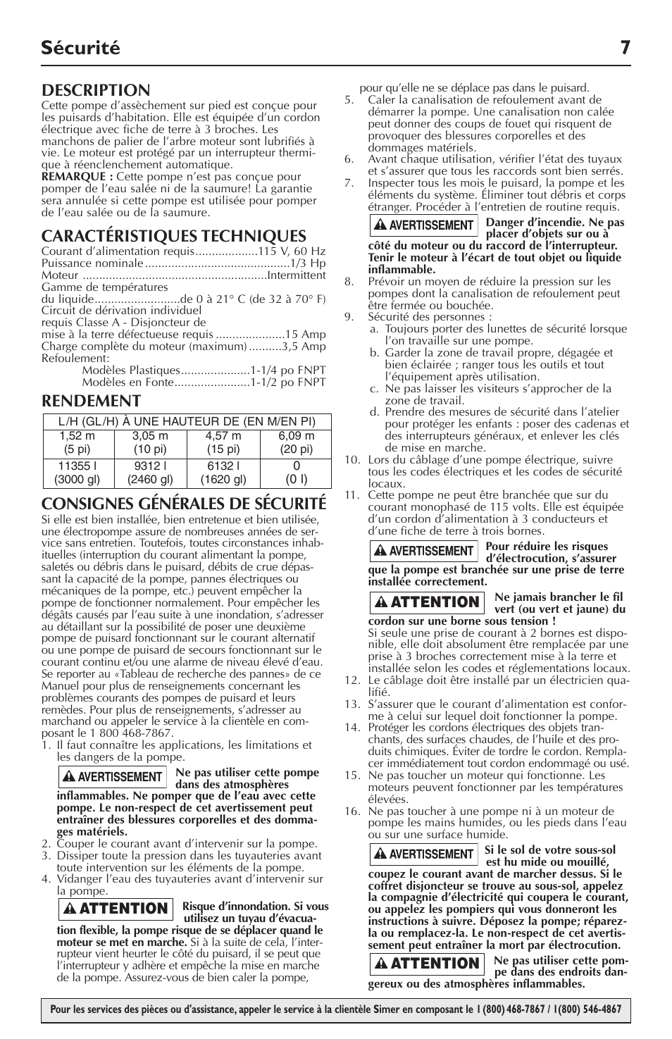 Sécurité 7, Description, Caractéristiques techniques | Rendement consignes générales de sécurité, Attention | Simer Pumps 5023SS User Manual | Page 7 / 16