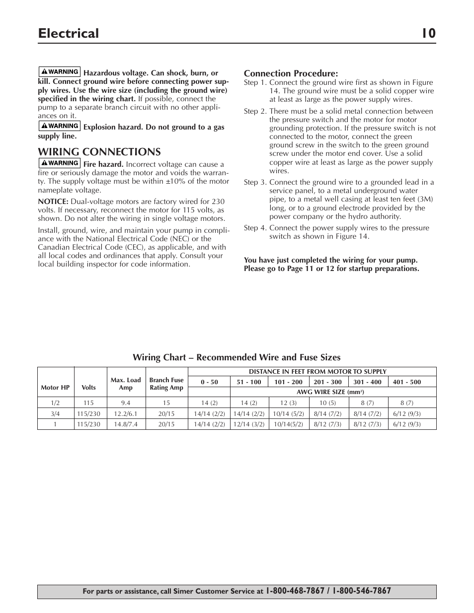 Electrical 10, Wiring connections, Connection procedure | Wiring chart – recommended wire and fuse sizes | Simer Pumps 3307P User Manual | Page 10 / 47