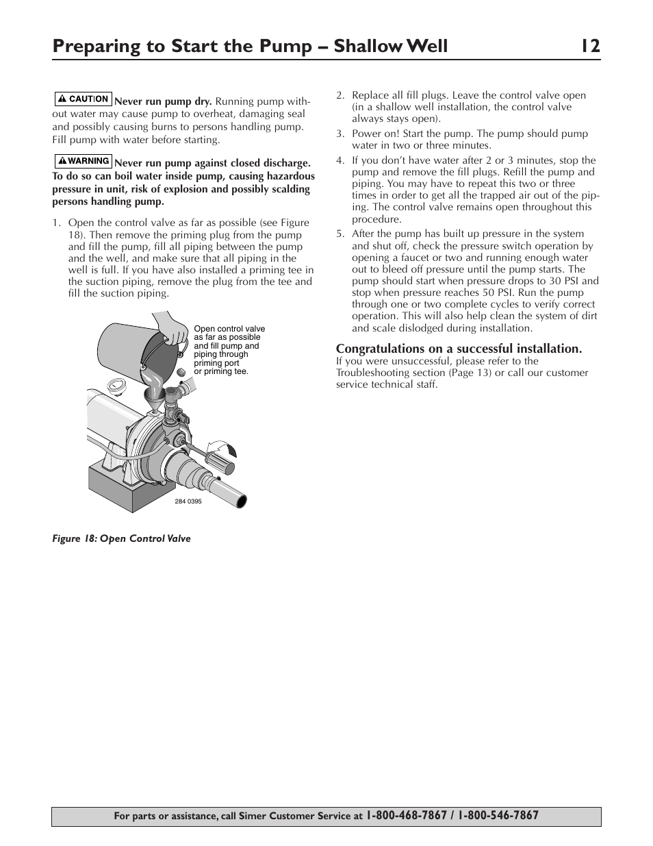 Preparing to start the pump – shallow well 12 | Simer Pumps 3307P User Manual | Page 12 / 47