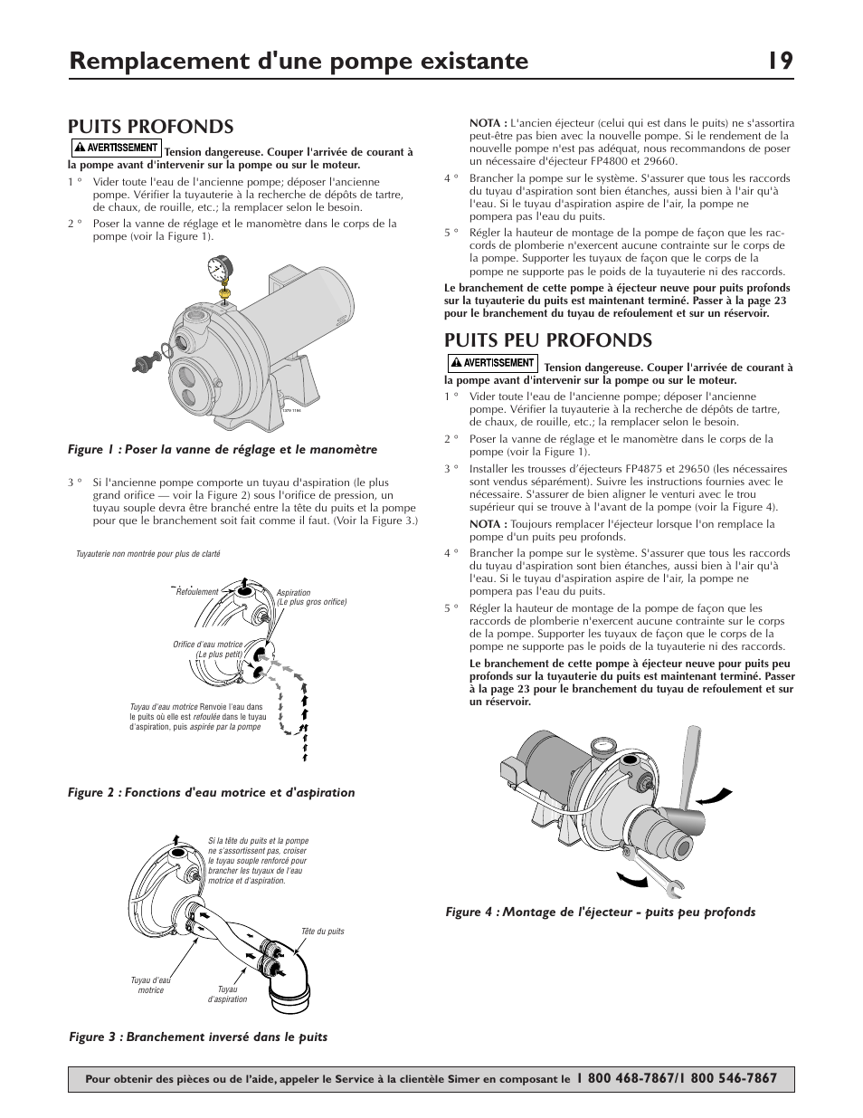 Remplacement d'une pompe existante 19, Puits profonds, Puits peu profonds | Simer Pumps 3307P User Manual | Page 19 / 47