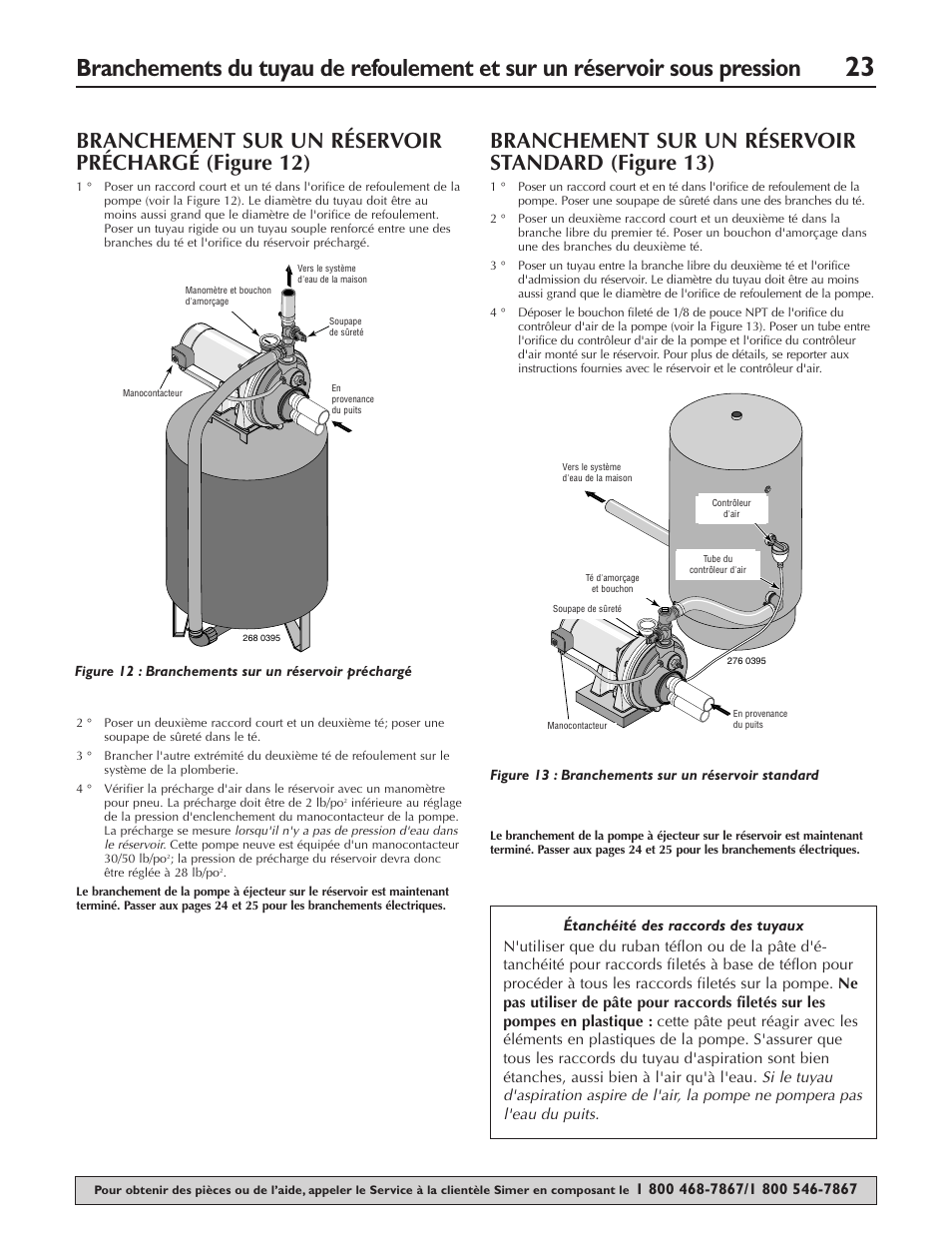 Branchement sur un réservoir préchargé (figure 12), Branchement sur un réservoir standard (figure 13) | Simer Pumps 3307P User Manual | Page 23 / 47