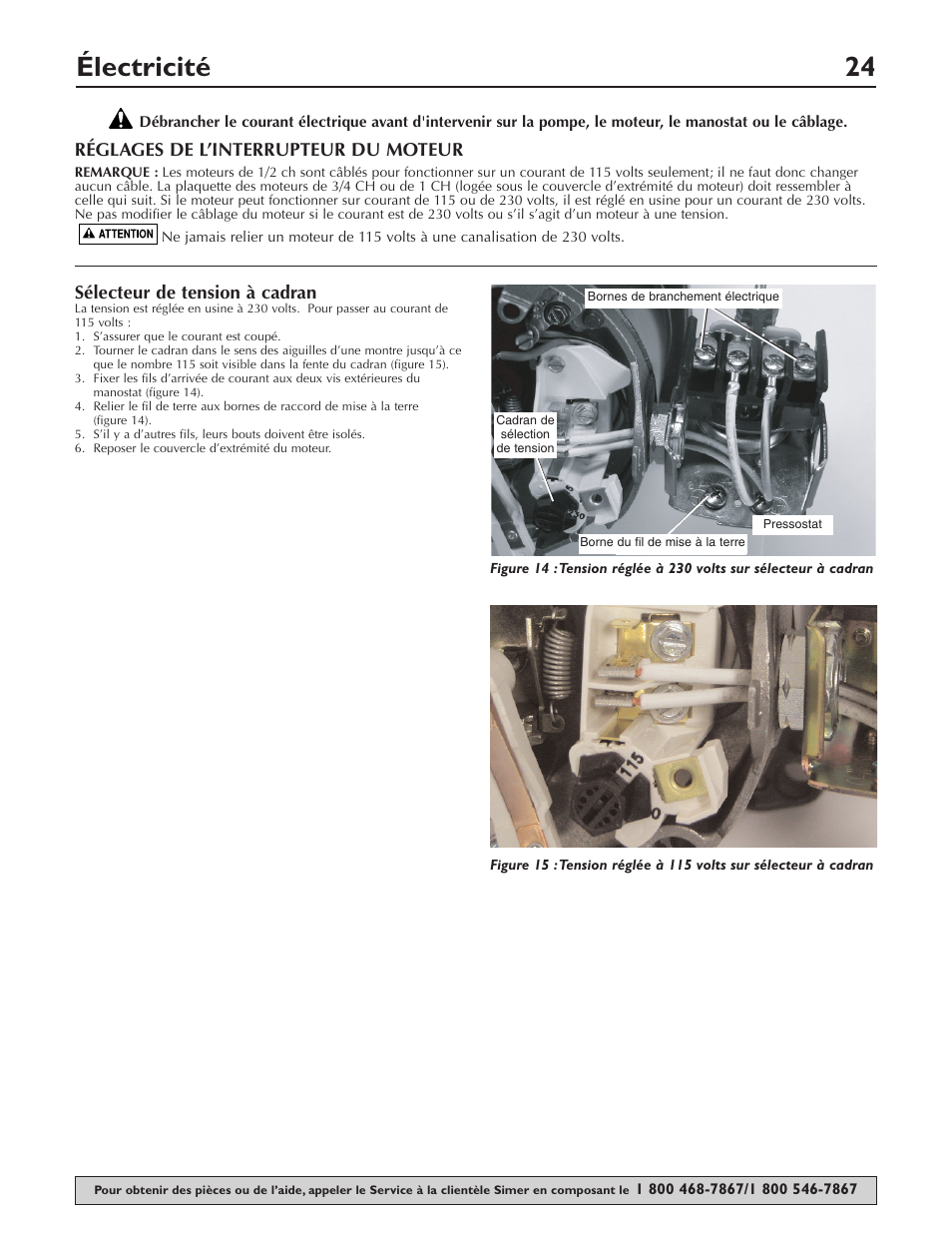 Électricité 24, Sélecteur de tension à cadran, Réglages de l’interrupteur du moteur | Simer Pumps 3307P User Manual | Page 24 / 47