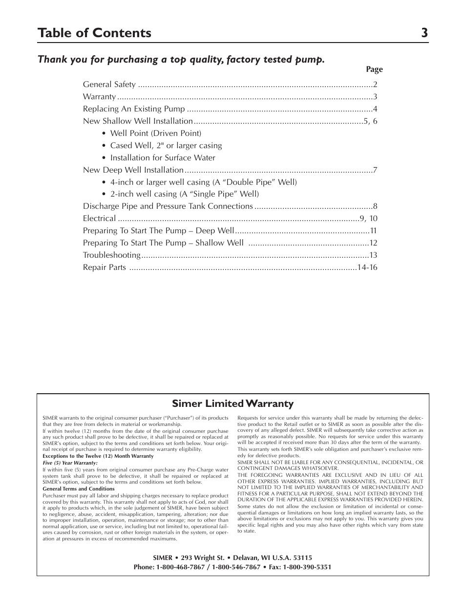 Table of contents 3, Simer limited warranty | Simer Pumps 3307P User Manual | Page 3 / 47