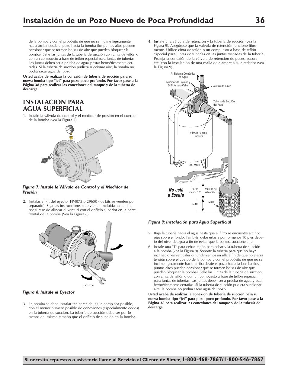 Instalación de un pozo nuevo de poca profundidad, Instalacion para agua superficial, Not to scale | Simer Pumps 3307P User Manual | Page 36 / 47