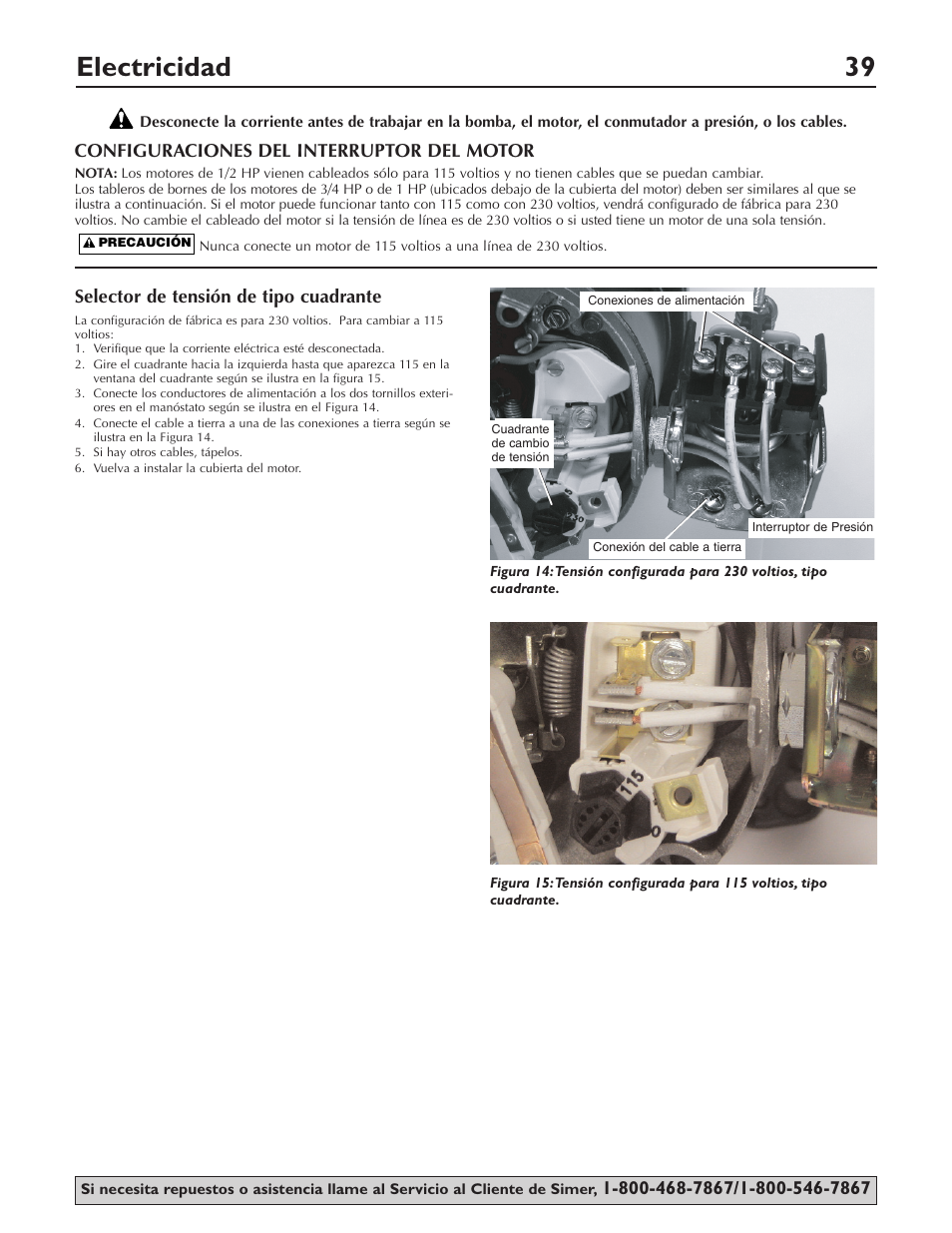 Electricidad 39, Selector de tensión de tipo cuadrante, Configuraciones del interruptor del motor | Simer Pumps 3307P User Manual | Page 39 / 47