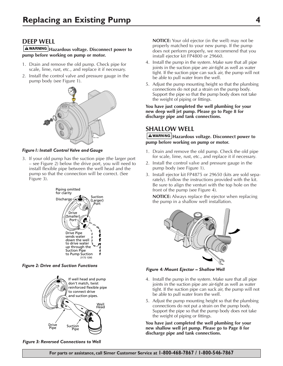 Replacing an existing pump 4, Deep well, Shallow well | Simer Pumps 3307P User Manual | Page 4 / 47