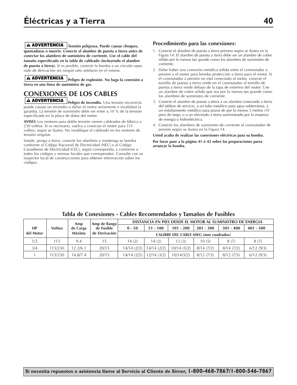 Éléctricas y a tierra 40, Conexiones de los cables, Procedimiento para las conexiones | Simer Pumps 3307P User Manual | Page 40 / 47