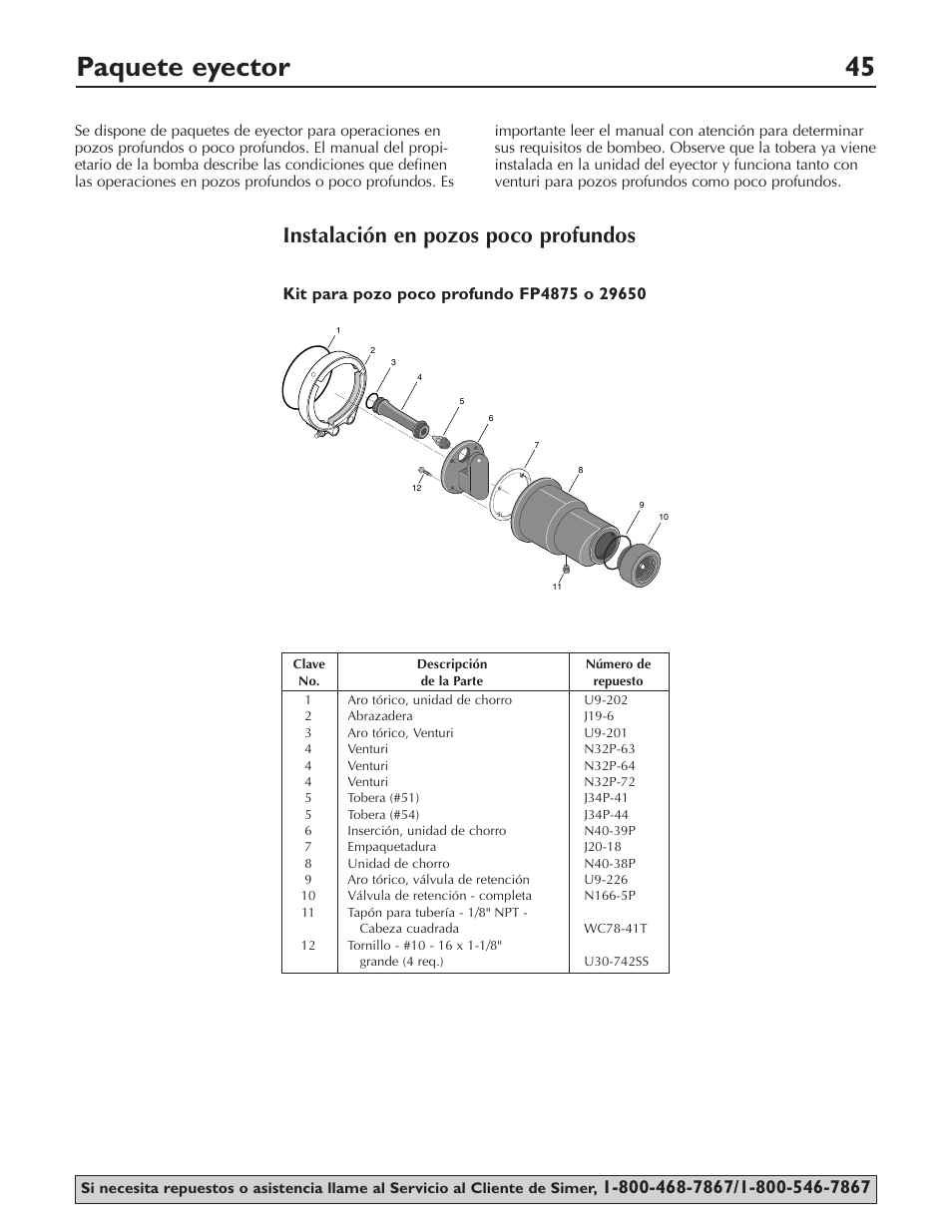 Paquete eyector 45, Instalación en pozos poco profundos | Simer Pumps 3307P User Manual | Page 45 / 47