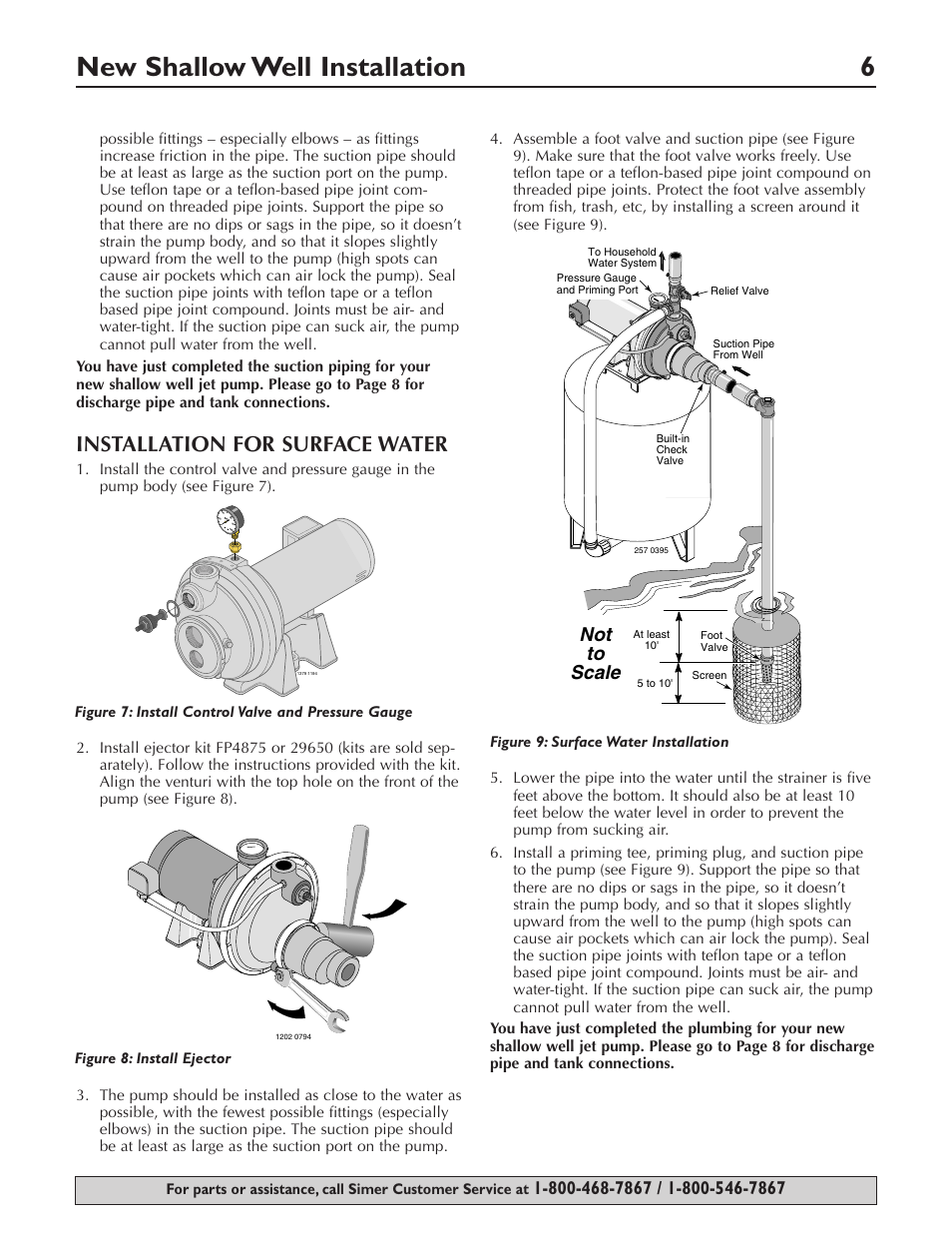 New shallow well installation 6, Installation for surface water, Not to scale | Simer Pumps 3307P User Manual | Page 6 / 47