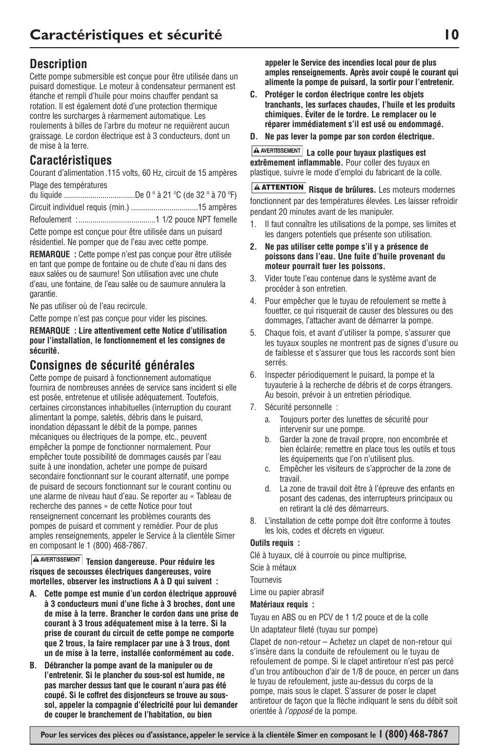 Caractéristiques et sécurité 10, Description, Caractéristiques | Consignes de sécurité générales | Simer Pumps 3989 User Manual | Page 10 / 28