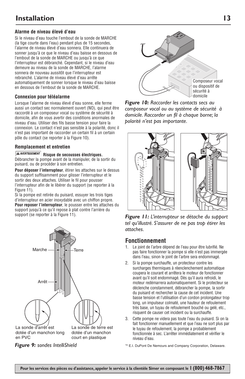 Installation 13, Fonctionnement, Figure 9: sondes intellishield | Simer Pumps 3989 User Manual | Page 13 / 28