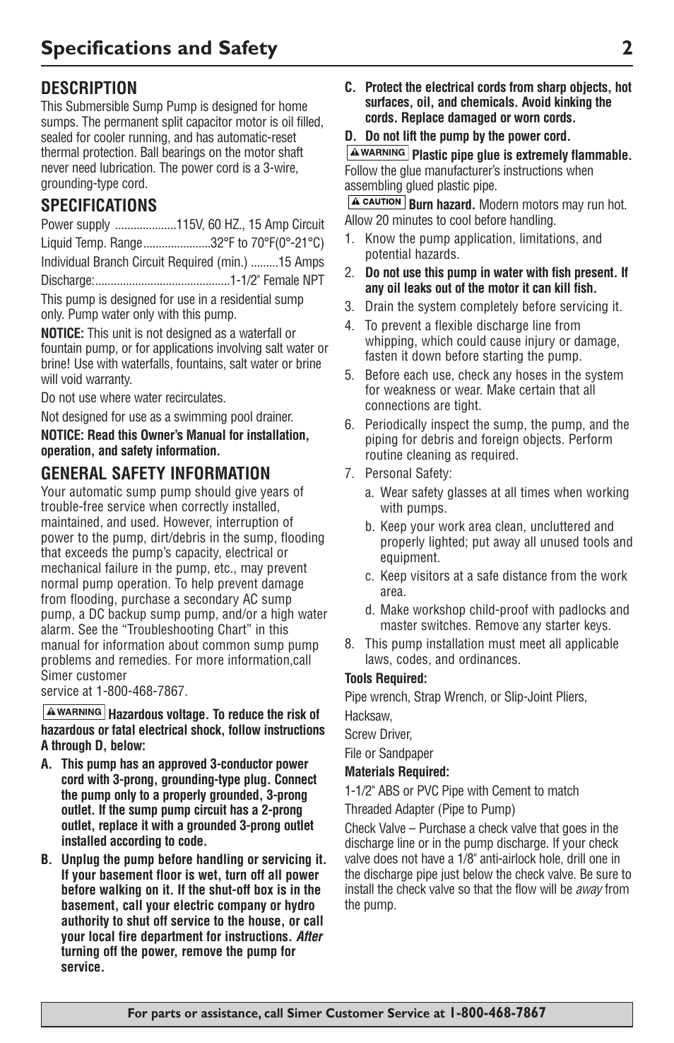 Specifications and safety 2, Description, Specifications | General safety information | Simer Pumps 3989 User Manual | Page 2 / 28