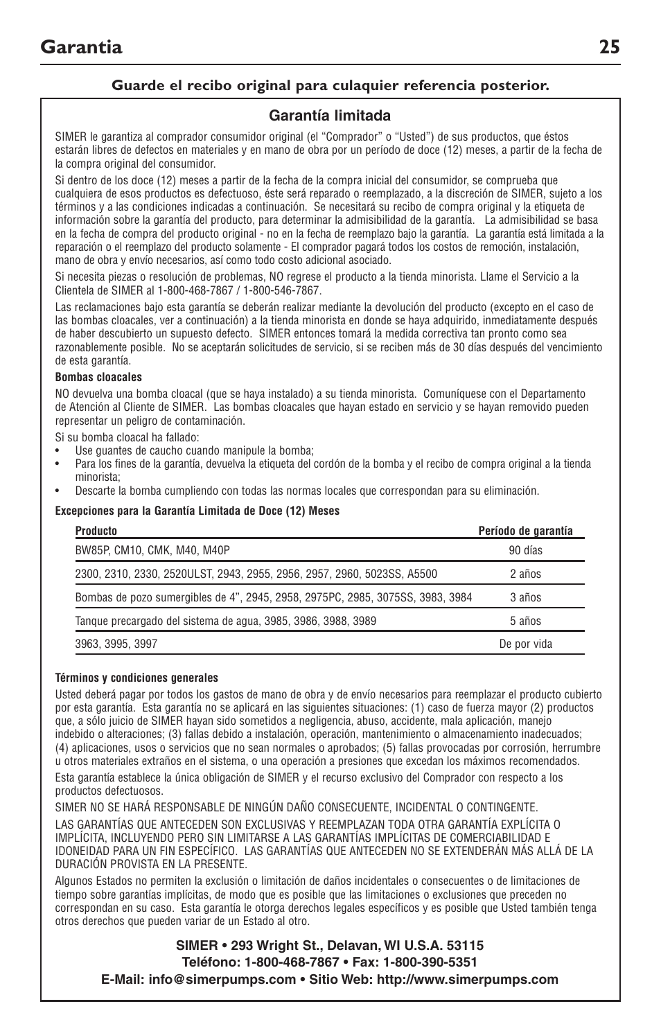 Garantia 25 | Simer Pumps 3989 User Manual | Page 25 / 28