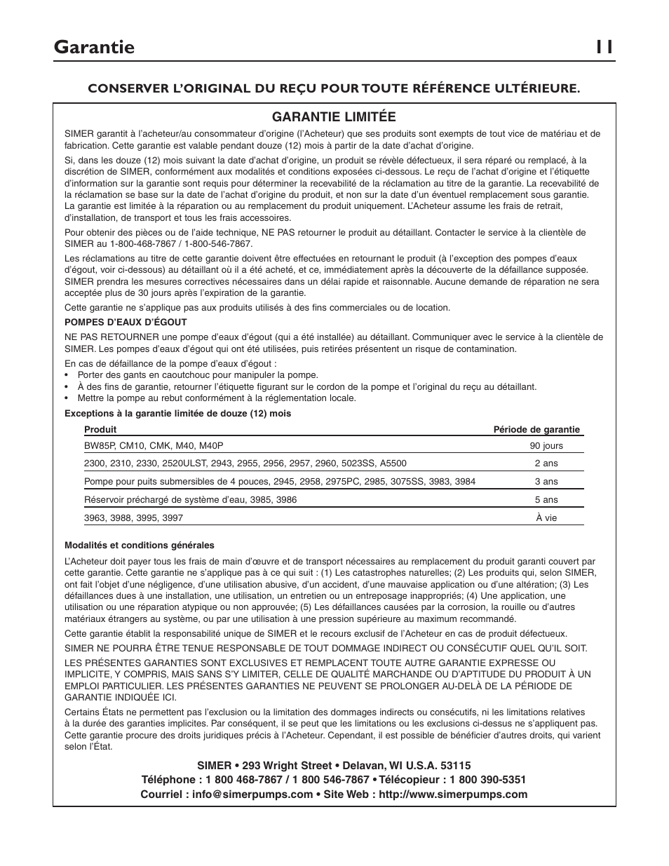 Garantie 11, Garantie limitée | Simer Pumps 2310-04 User Manual | Page 11 / 16