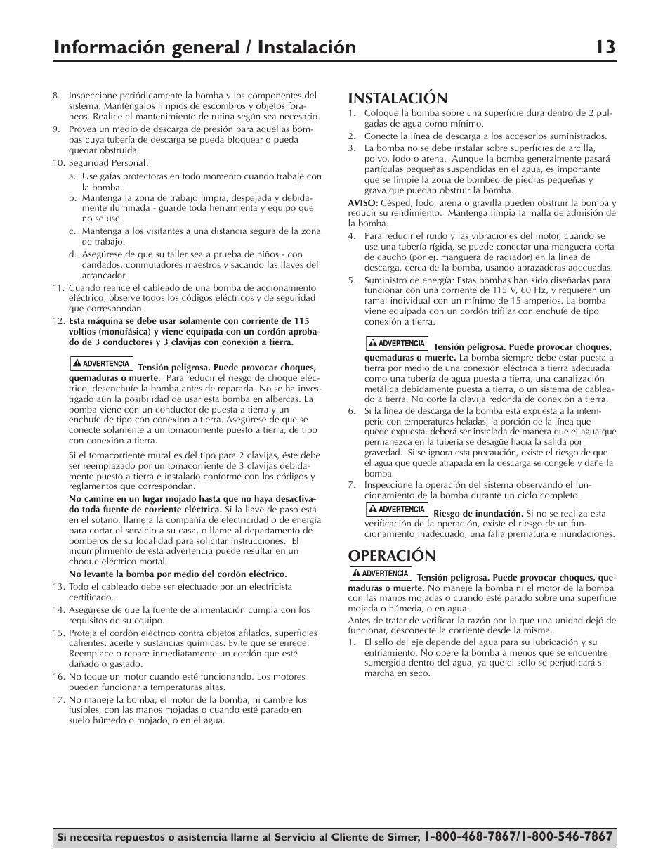 Información general / instalación 13, Instalación, Operación | Simer Pumps 2310-04 User Manual | Page 13 / 16