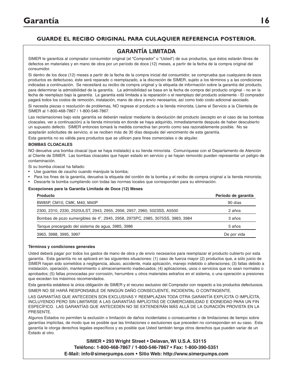 Garantía 16, Garantía limitada | Simer Pumps 2310-04 User Manual | Page 16 / 16