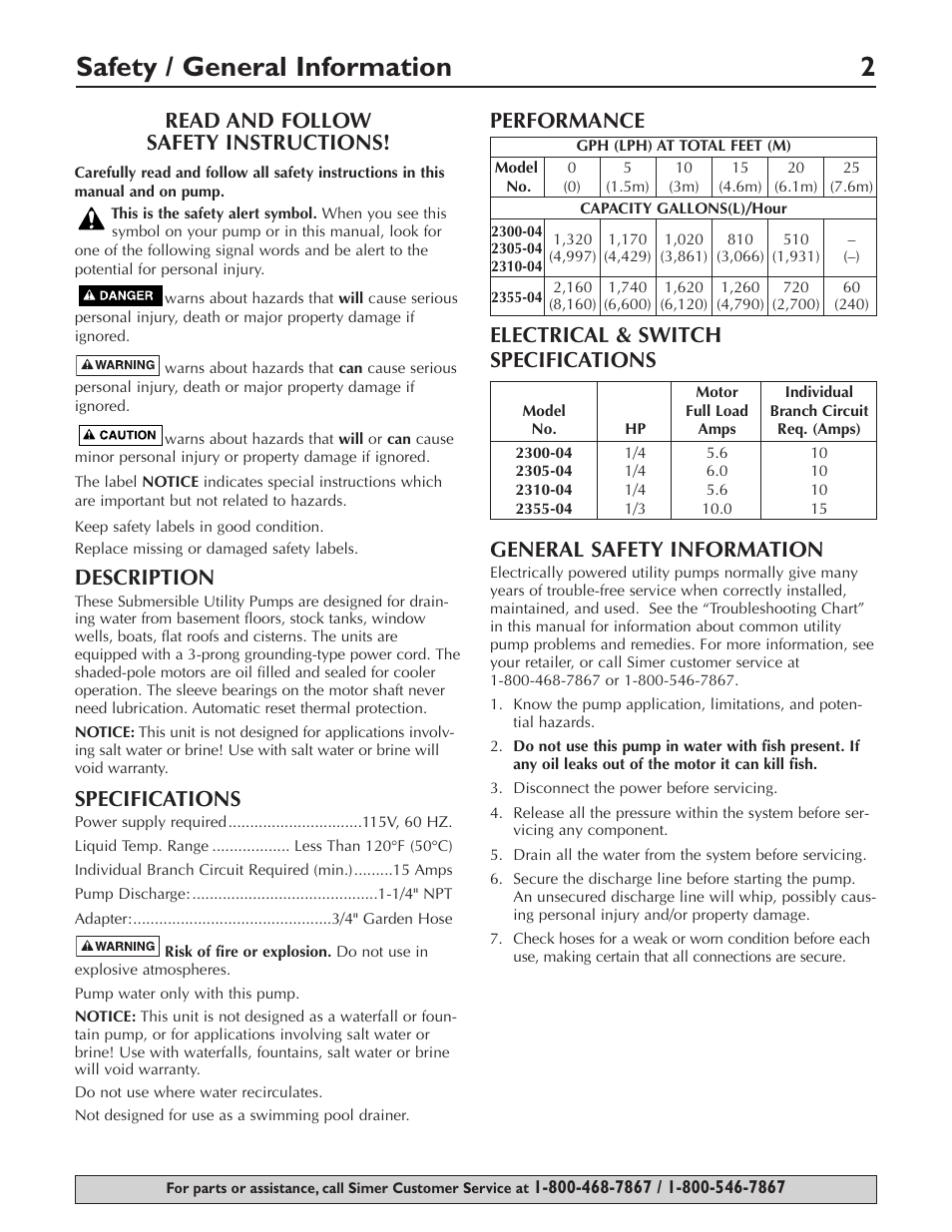 Safety / general information 2, Read and follow safety instructions, Description | Specifications | Simer Pumps 2310-04 User Manual | Page 2 / 16